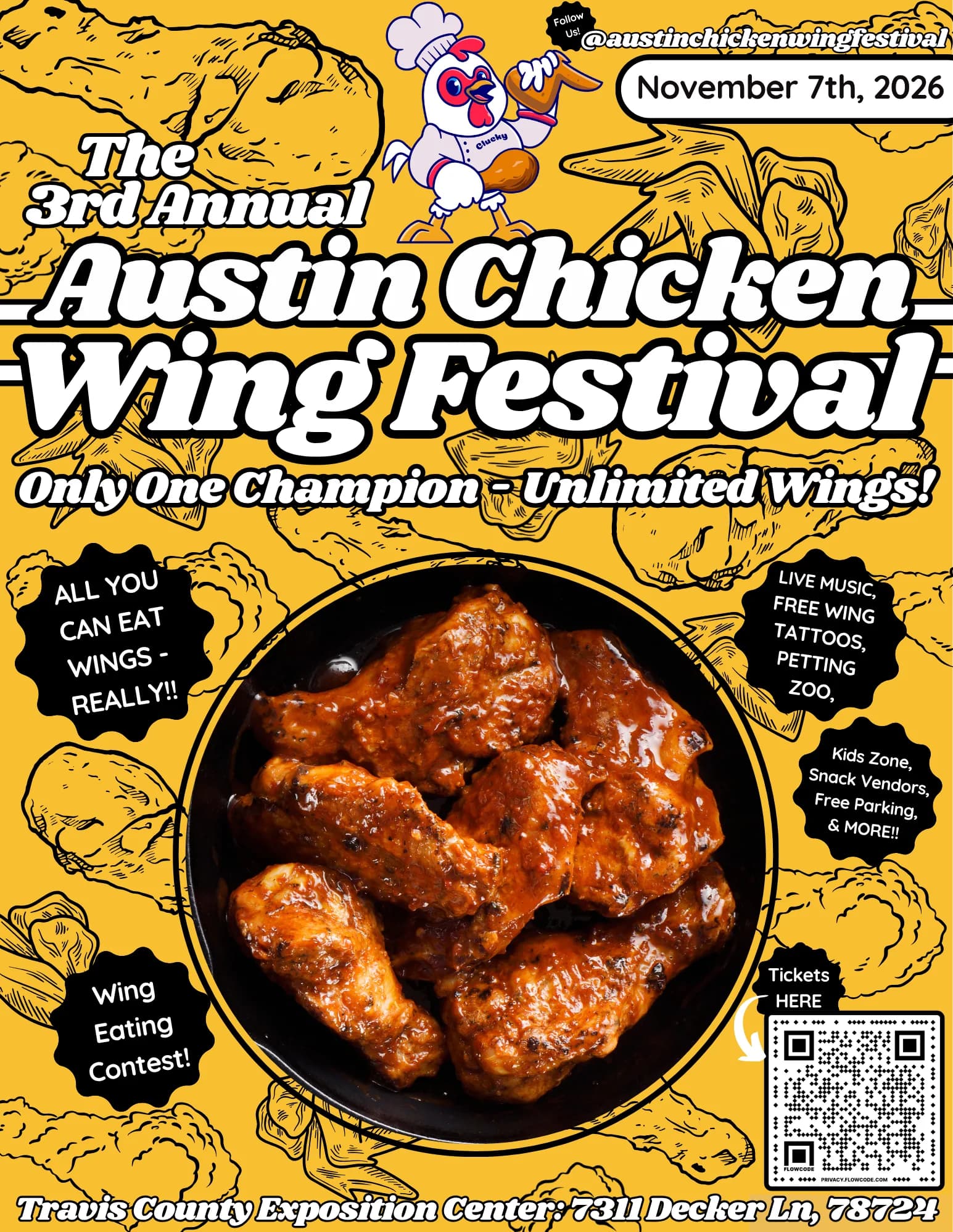 Official poster for the 3rd Annual Austin Chicken Wing Festival on November 7, 2026 at Travis County Expo Center